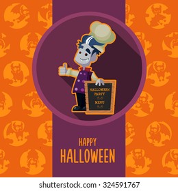 Illustration about vampire chef for Halloween menu, party or cards in style flat