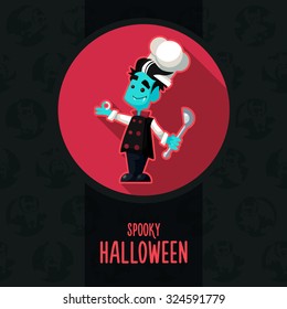 Illustration about vampire chef for Halloween menu, party or cards in style flat