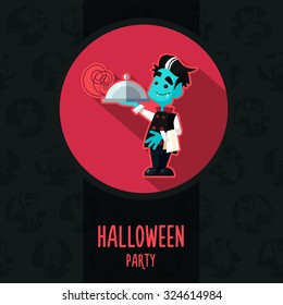 Illustration about vampire chef for Halloween menu, party or cards in style flat