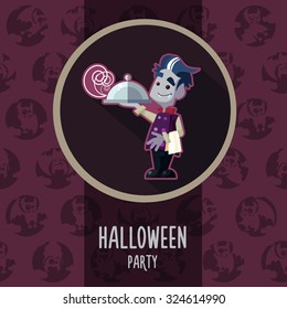 Illustration about vampire chef for Halloween menu, party or cards in style flat