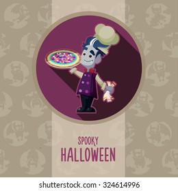 Illustration about vampire chef for Halloween menu, party or cards in style flat