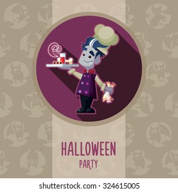 Illustration about vampire chef for Halloween menu, party or cards in style flat