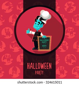 Illustration about vampire chef for Halloween menu, party or cards in style flat