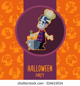 Illustration about vampire chef for Halloween menu, party or cards in style flat