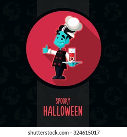 Illustration about vampire chef for Halloween menu, party or cards in style flat