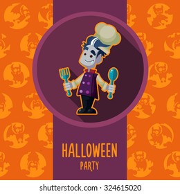 Illustration about vampire chef for Halloween menu, party or cards in style flat