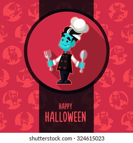 Illustration about vampire chef for Halloween menu, party or cards in style flat