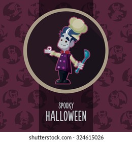 Illustration about vampire chef for Halloween menu, party or cards in style flat
