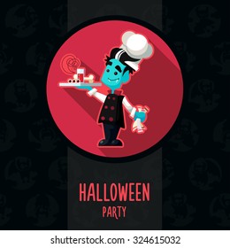 Illustration about vampire chef for Halloween menu, party or cards in style flat