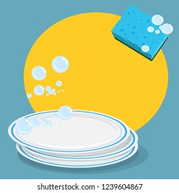 illustration about washing dishes- with dishes, washing sponge, bubbles