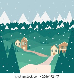 Illustration about the winter season in the green mountains and meadows with dark green pines, with a beige path that leads to the houses of a village in the middle of the snowing mountain