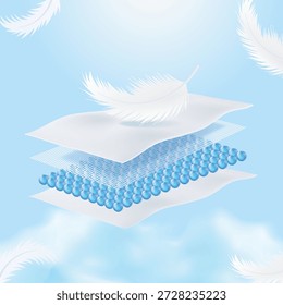 ilustração de uma estrutura absorvente almofada com penas brancas. Simboliza textura macia de algodão, conforto leve e proteção suave para pele sensível. Conceito para produtos de higiene premium.
