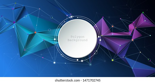 Illustration Abstract 3d paper circle with molecules, lines, geometric, polygon, triangle pattern. Vector design network communication technology on dark blue background. Futuristic technology concept