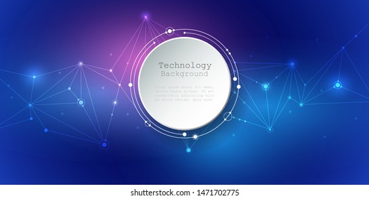 Illustration Abstract 3d paper circle with molecules, lines, geometric, polygon, triangle pattern. Vector design network communication technology on dark blue background. Futuristic technology concept