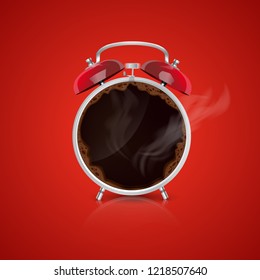 Illustration of abstract alarm clock on red background with coffee instead of clock face - wake up concept