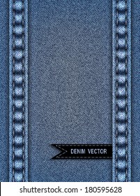 Illustration of abstract background from blue denim texture with stitches and ribbon