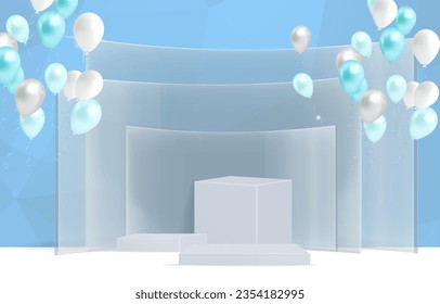 Ilustración de fondo abstracto con globos y podio azules y blancos.