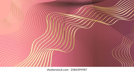 Illustration abstract background with curved wavy lines dynamic gradient wave from line gold pink space. Vector for design