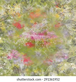 Illustration of abstract background with doodle birds, butterflies and floral ornament