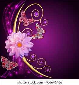 illustration abstract background with flowers and butterflies with gems