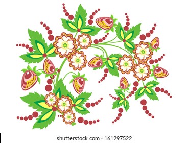 Illustration of abstract background with flowers and strawberries