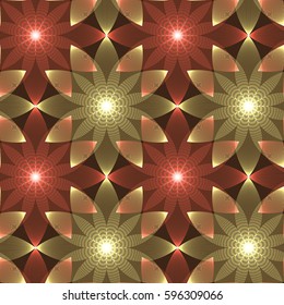 Illustration abstract background of glowing red and beige flowers made up of simple shapes. Vector