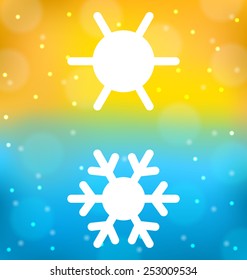 Illustration abstract background with logo of symbol climate balance - sun and snowflake - vector