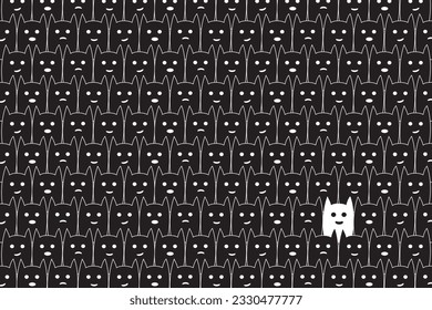 illustration of abstract black cat pattern background with one white.