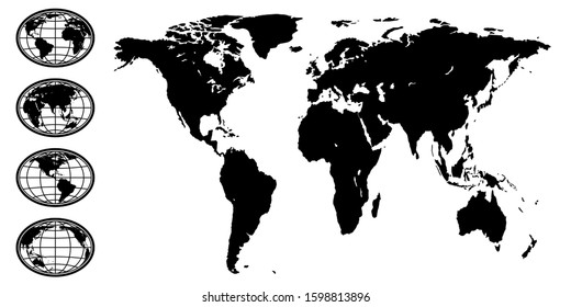 Illustration of the abstract black silhouette globe set and world map. 