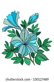 Illustration of abstract blue flowers branch