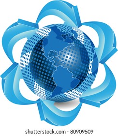 illustration, abstract blue globe with blue arrow