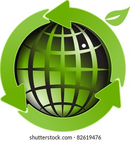 illustration, abstract blue globe with green arrows