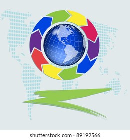 illustration, abstract blue globe with versicolor arrows