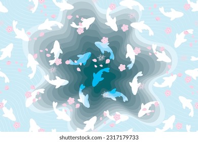 Illustration abstract of blue pool and fish with flower on water surface background.