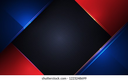 Illustration of abstract blue, red and black metallic with light ray and glossy line. Metal frame design for background. Vector design modern digital technology concept for wallpaper, banner template