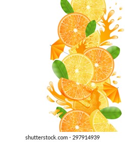 Illustration Abstract Border with Sliced Oranges and Lemons, Leaves and Juice Splash Fruits, Isolated on White Background - Vector