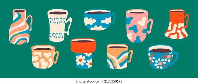 Illustration of abstract bowls with clouds, flowers, and stains patterns. Set of modern cups. Best for kid's products. 
