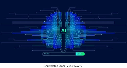 Illustration of abstract brain. Generate image, video from prompt concept. Big data, technology, AI, data transfer, data flow, generative ai, large language model, ai brain background