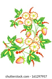 Illustration of abstract branch with flowers and strawberries