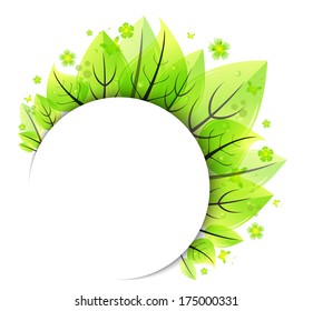 Illustration of abstract bunch of green leaves with white empty banner isolated