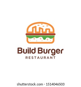 Illustration of abstract burger food with building inside logo design.