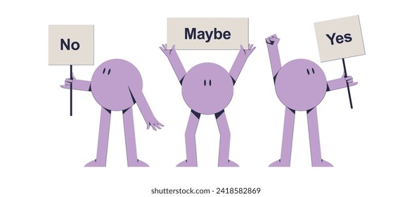 Illustration of abstract characters holding signs yes, no, maybe. The illustration is designed to answer questions through the use of vector graphics