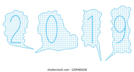 Illustration of the abstract checked paper speech bubbles and 2019 New Year number