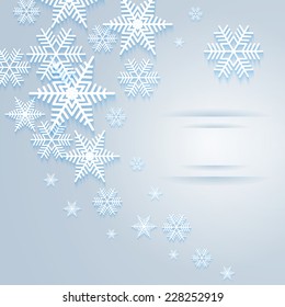 Illustration of abstract Christmas background with snowflakes and banner in white, blue and grey colors 