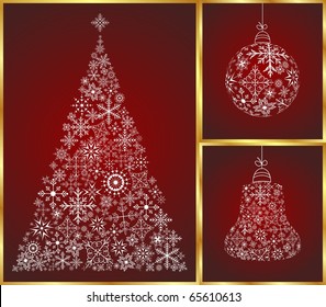 Illustration abstract christmas set pine, ball and bell - vector