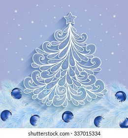 Illustration of abstract Christmas tree with star top and blue balls
