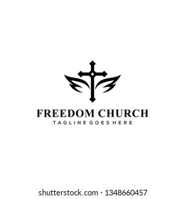 Illustration abstract church cross with wings logo design