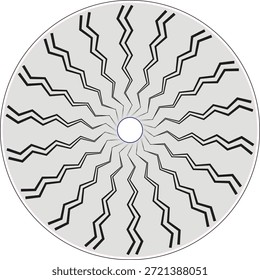 Ilustração de padrão circular abstrato com linhas em ziguezague preto irradiando do centro