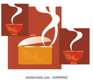 an illustration of an abstract coffee pot with matching cups steam and coffee beans with blocks of brown color on a white background