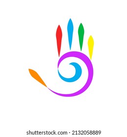 Illustration of Abstract Colored Hand with Five Fingers, and Spiral Design Element on White Background
